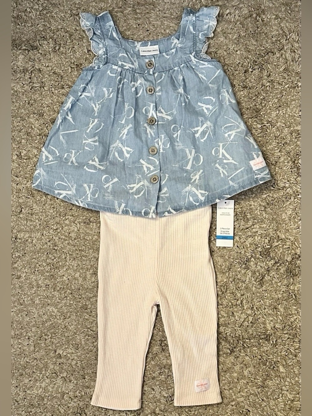 Calvin Klein Jeans Baby Girl 24M Blue/Cream S/L Tunic Top & Leggings 2pc Set NWT